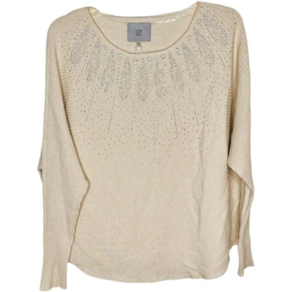 Liv Milano YUMMY Pullover Rhinestone Studded Knit Sweater - Ivory - M